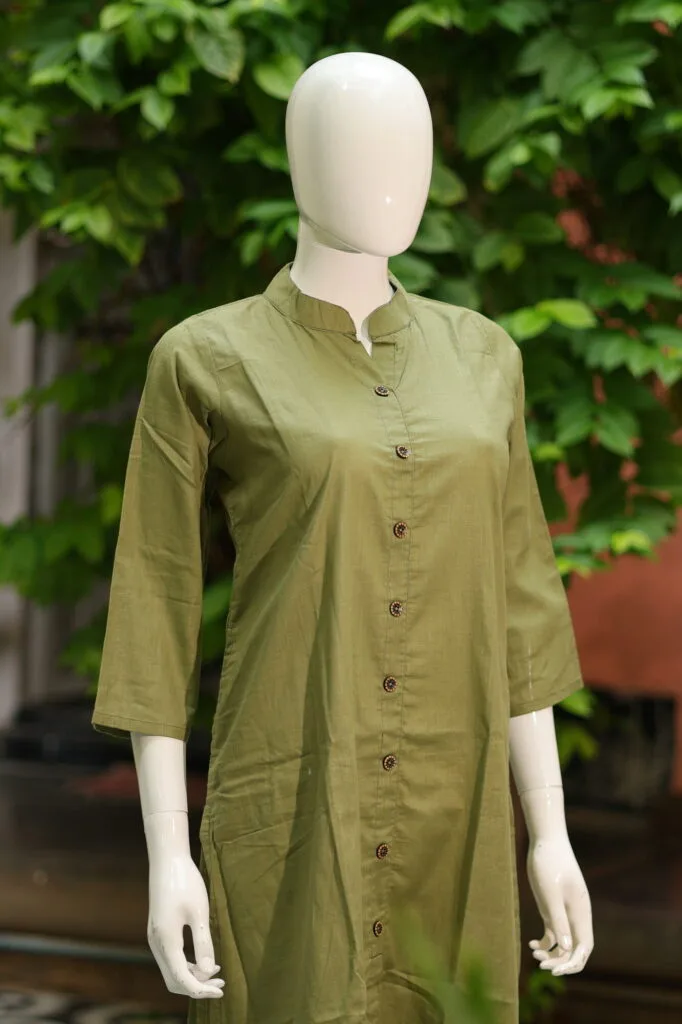 Solid Cotton Linen – Kurti in Olive green, side view | Tilattama
