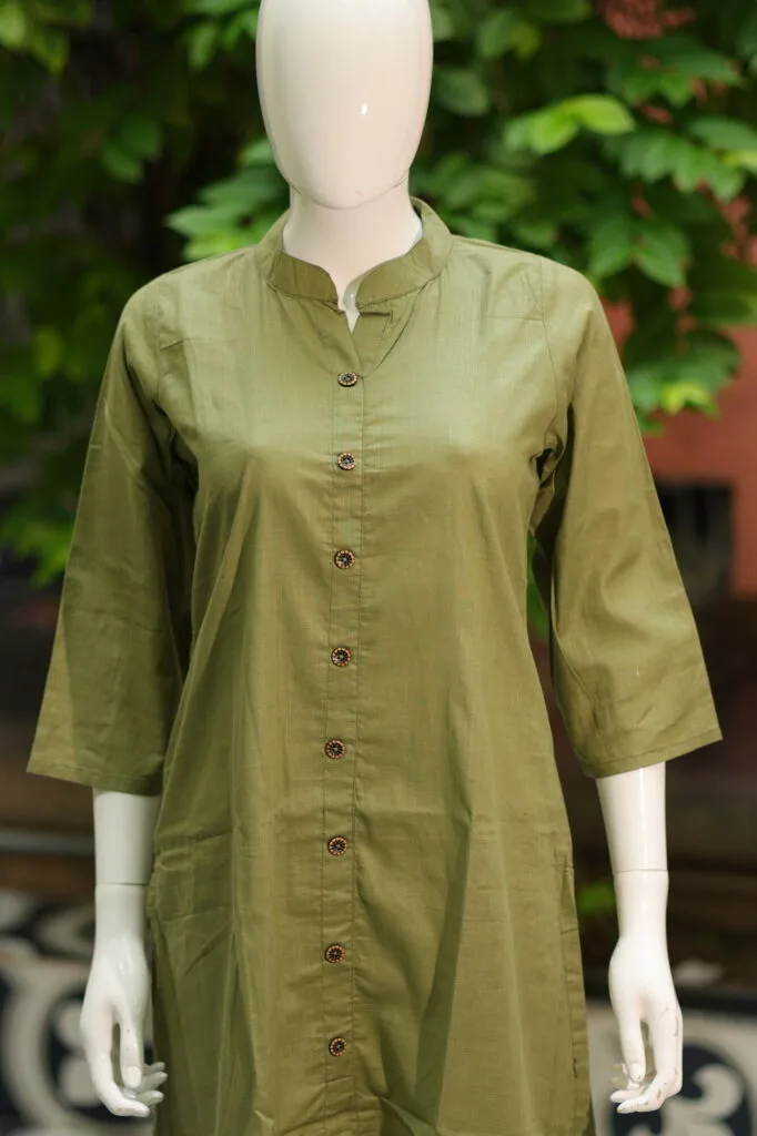 Solid Cotton Linen – Kurti in Olive green | Tilattama