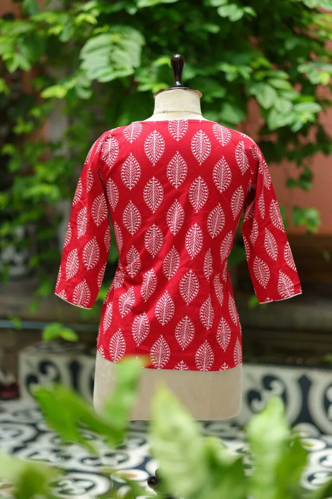 Block Angrakha – Kurti in Red, back view | Tilattama