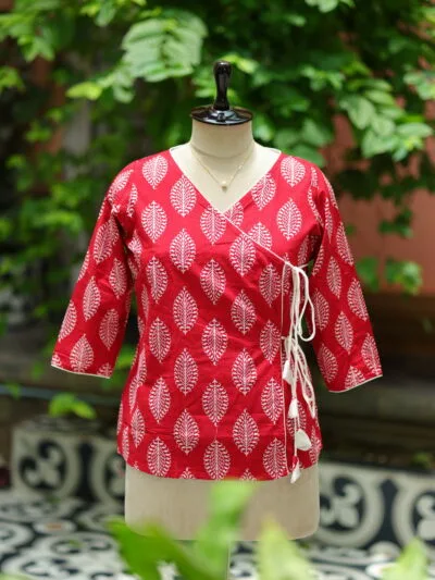 Block Angrakha – Kurti in Red, front view | Tilattama