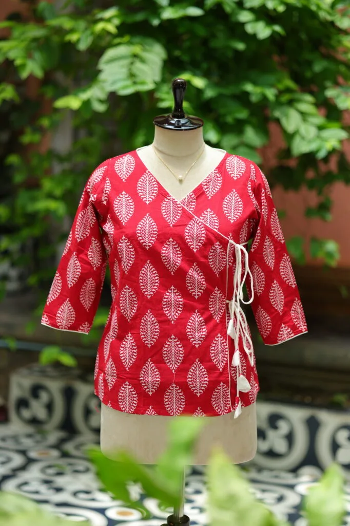 Block Angrakha – Kurti in Red, front view | Tilattama