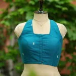 Jamdani Hakoba Halter – Blouse in Rama green, front view | Tilattama