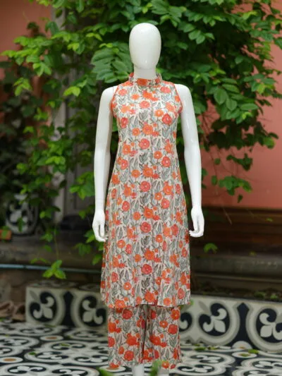 Sanganari Halter Co Ord Set – Kurti in Orange, front view | Tilattama
