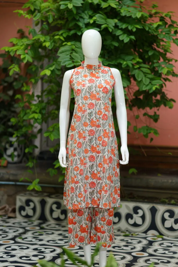 Sanganari Halter Co Ord Set – Kurti in Orange, front view | Tilattama