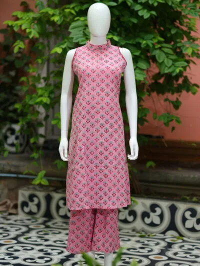 Sanganari Halter Co Ord Set – Kurti in Pink, front view | Tilattama