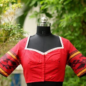 Check Jamdani jewel Neck - red