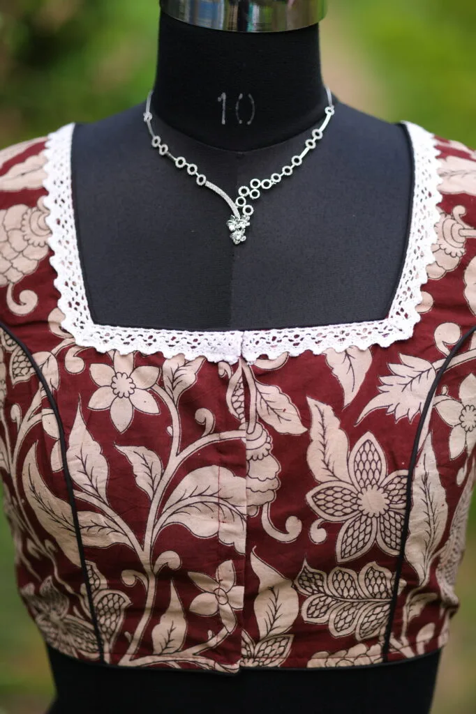 Kalamkari Square Neck S/L – Blouse in Chocolate, neckline | Tilattama