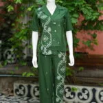 Asymmetrical Jamdani Co-Ord Set – Kurti in Bottle Green 38 half sleeve, sleeve | Tilattama