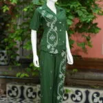 Asymmetrical Jamdani Co-Ord Set – Kurti in Bottle Green 44 half sleeve, sleeve | Tilattama