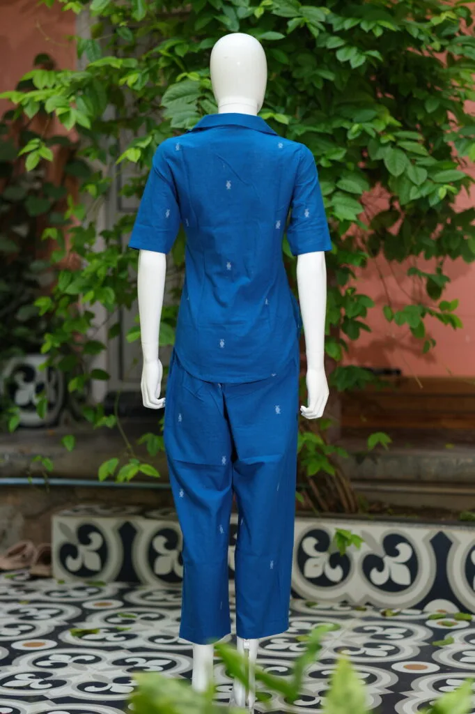Asymmetrical Jamdani Co-Ord Set – Kurti in Electric Blue 44 half sleeve, sleeve | Tilattama
