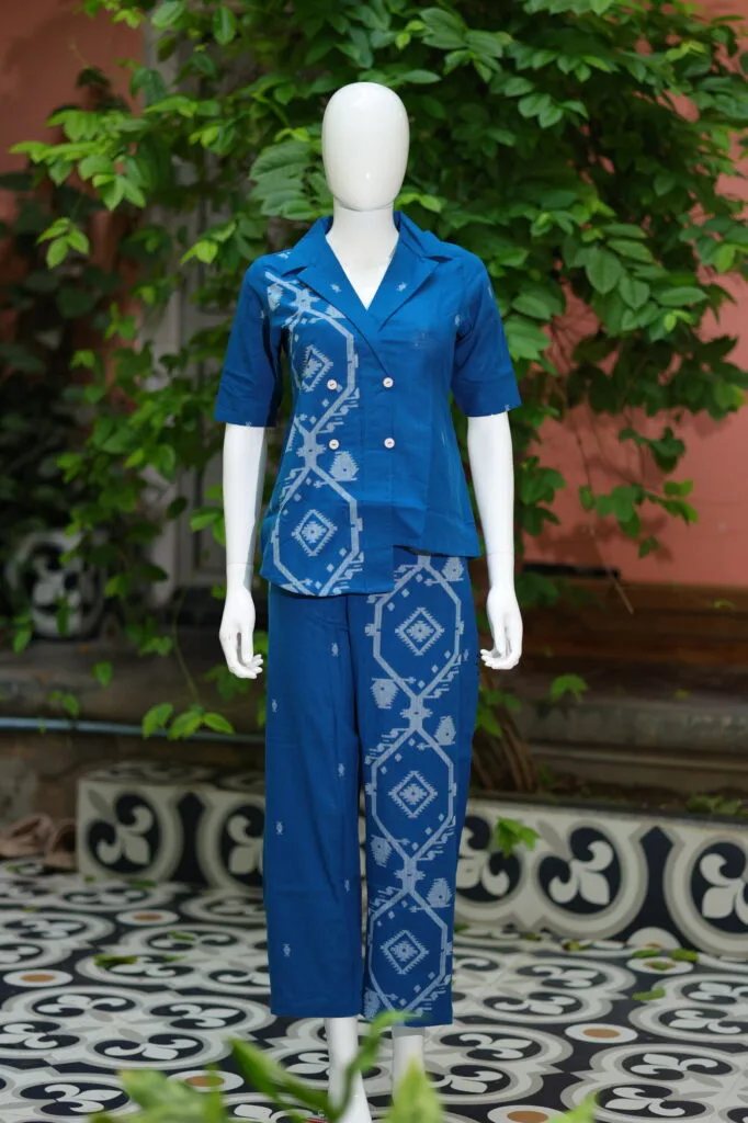 Asymmetrical Jamdani Co-Ord Set – Kurti in Electric Blue 44 half sleeve, sleeve | Tilattama