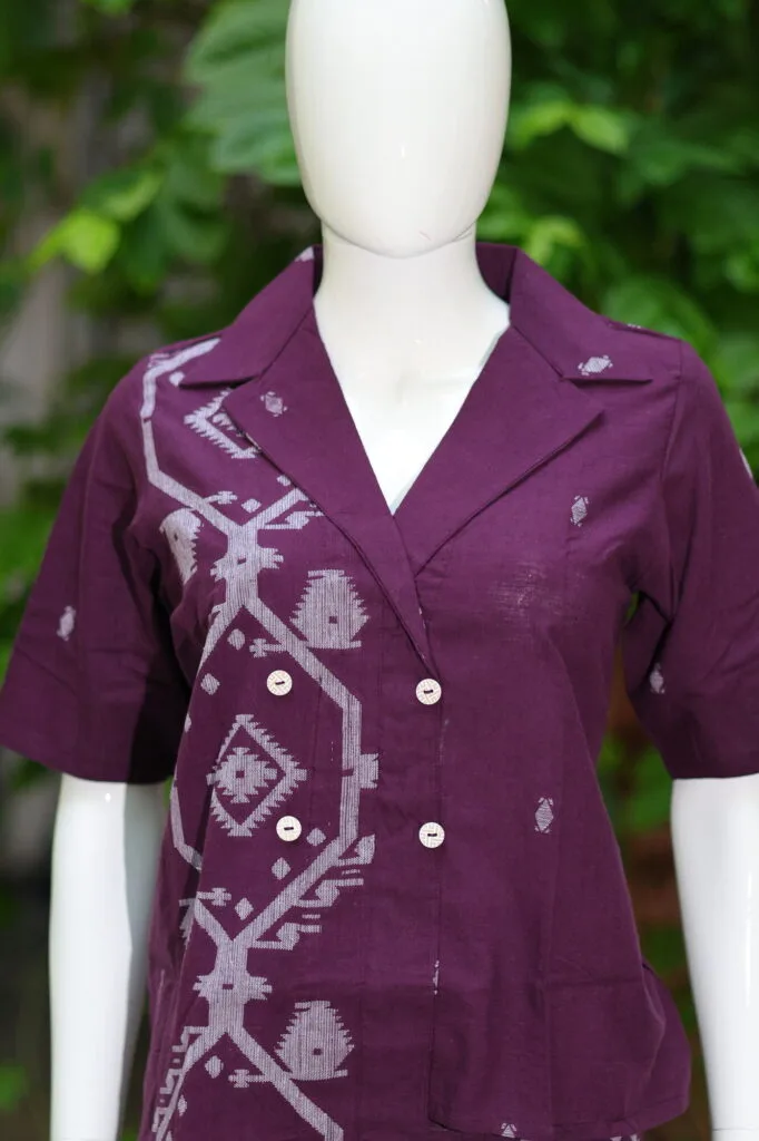 Asymmetrical Jamdani Co-Ord Set – Kurti in Wine 44 half sleeve, sleeve | Tilattama