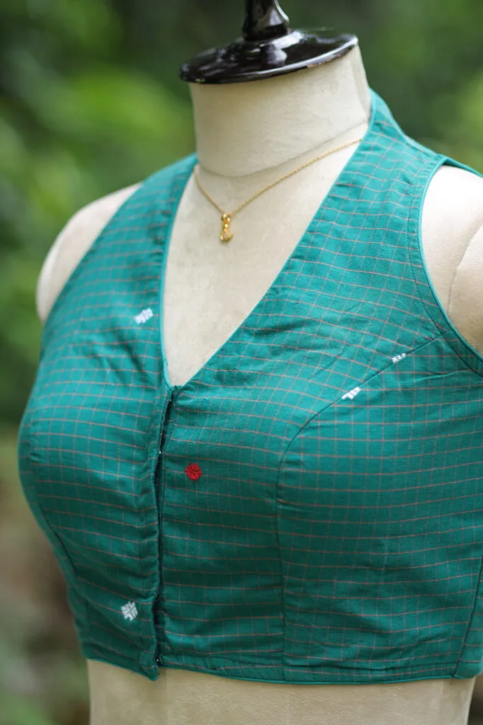 Check Jamdani Celeb Halter – Blouse in Rama green, side view | Tilattama