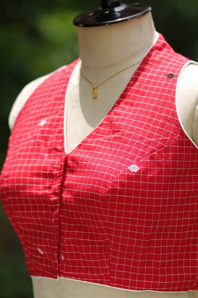 Check Jamdani Celeb Halter – Blouse in Red, side view | Tilattama