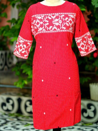 Jamdani Border One Piece - red