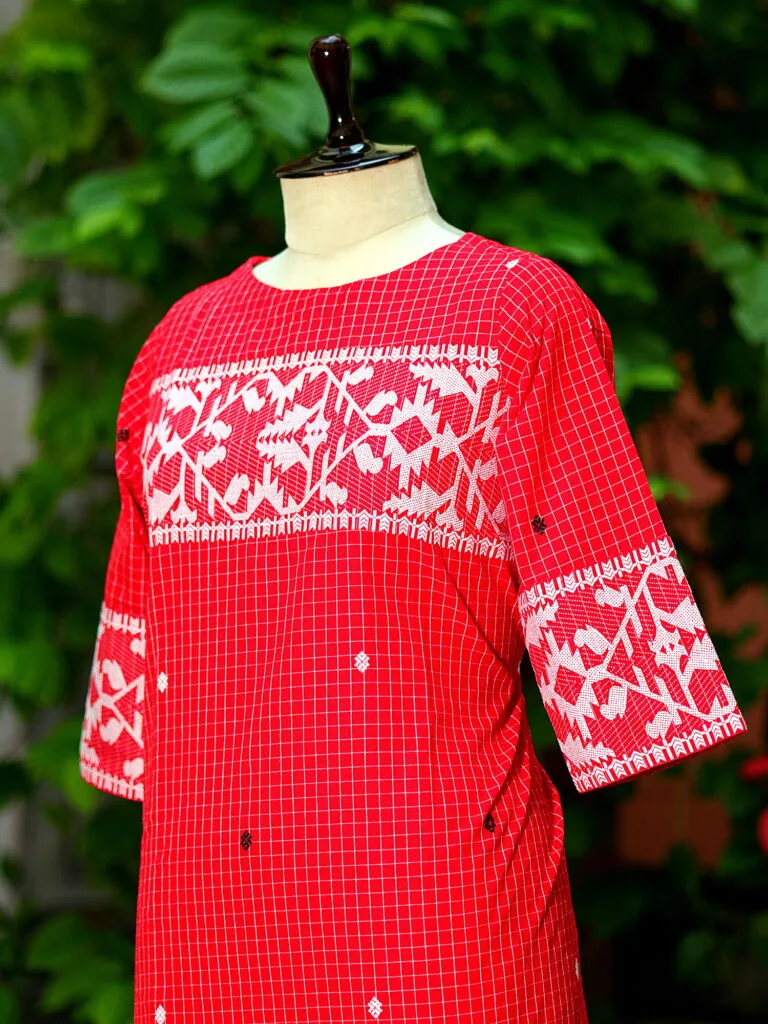 Jamdani Border One Piece - red