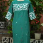 Jamdani Border One Piece – Kurti in Rama green, front view | Tilattama