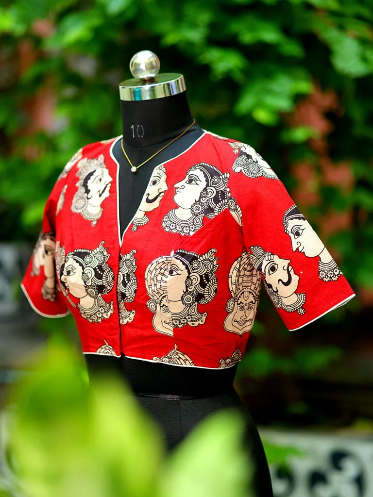 Kalamkari Boat V Neck - maroon