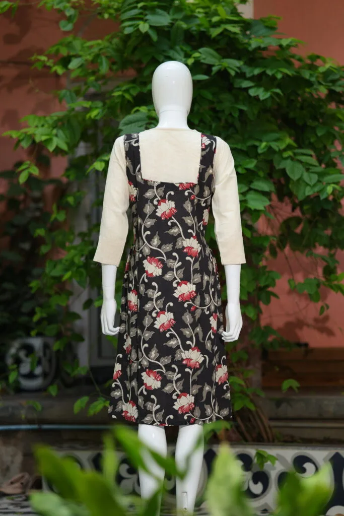 Pen Kalamkari Baby Collar One Piece – Kurti in Black, back view | Tilattama