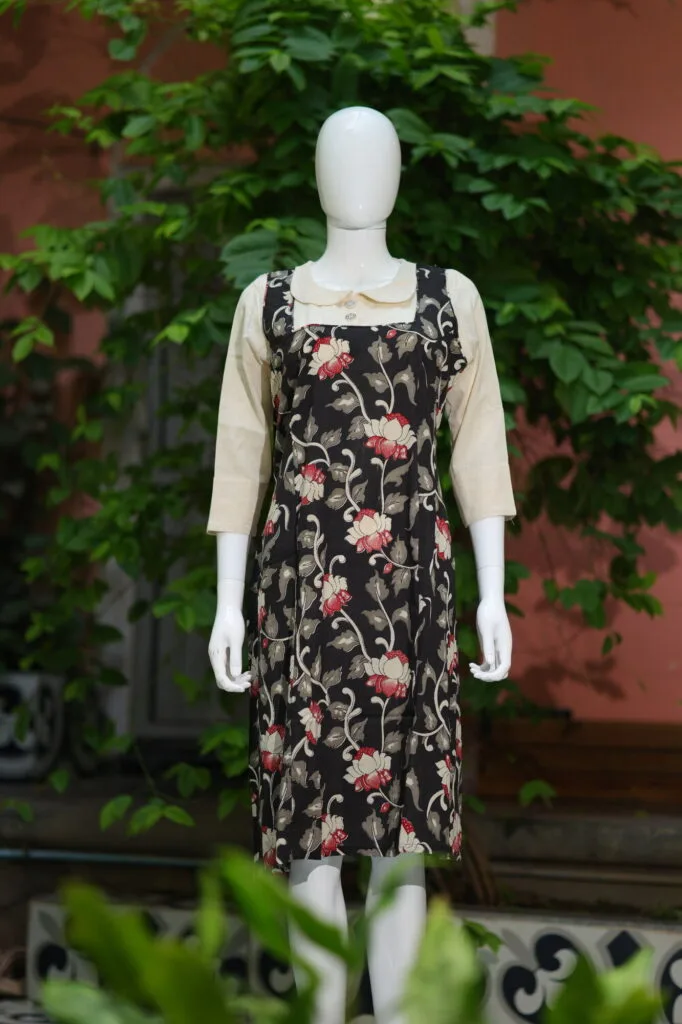 Pen Kalamkari Baby Collar One Piece – Kurti in Black, front view | Tilattama