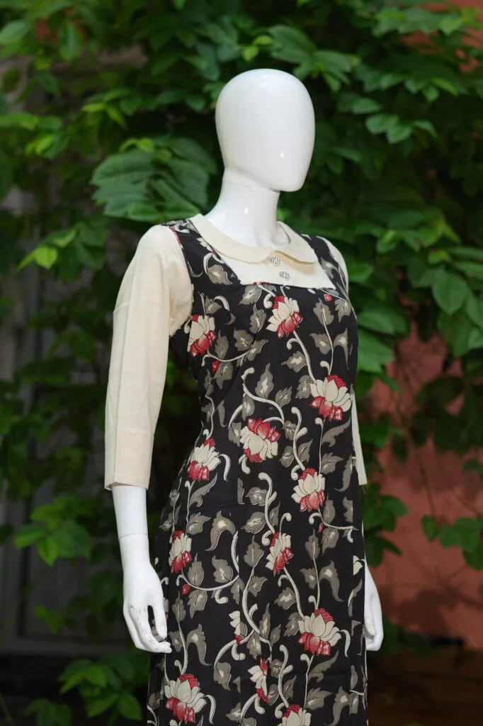 Pen Kalamkari Baby Collar One Piece – Kurti in Black, side view | Tilattama