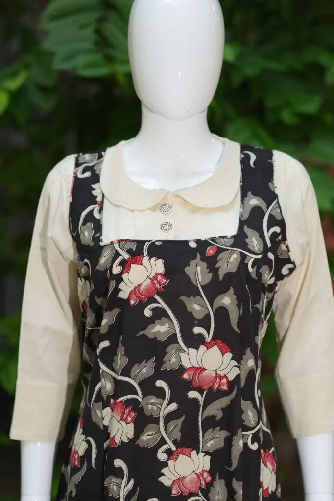 Pen Kalamkari Baby Collar One Piece – Kurti in Black | Tilattama