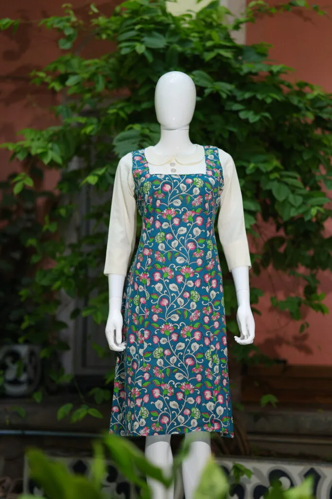 Pen Kalamkari Baby Collar One Piece – Kurti in Rama green, front view | Tilattama