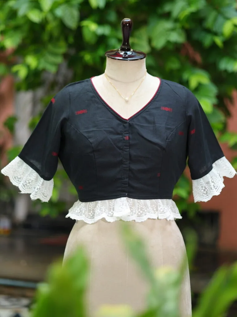 Anupama jamdani – Blouse in Black, front view | Tilattama