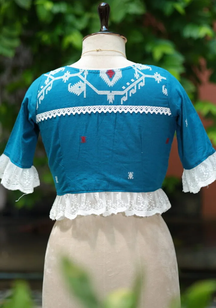 Anupama jamdani – Blouse in Electric Blue, back view | Tilattama