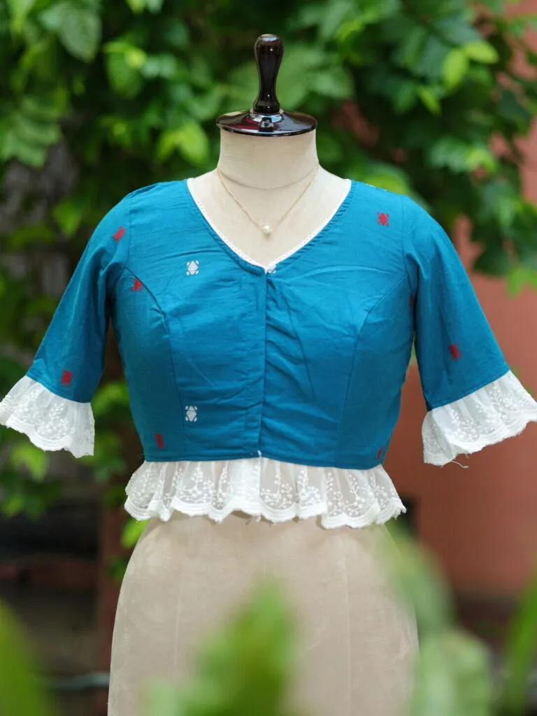 Anupama jamdani – Blouse in Electric Blue, front view | Tilattama