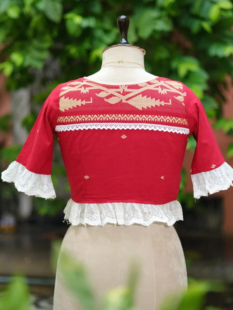 Anupama jamdani – Blouse in Maroon, back view | Tilattama