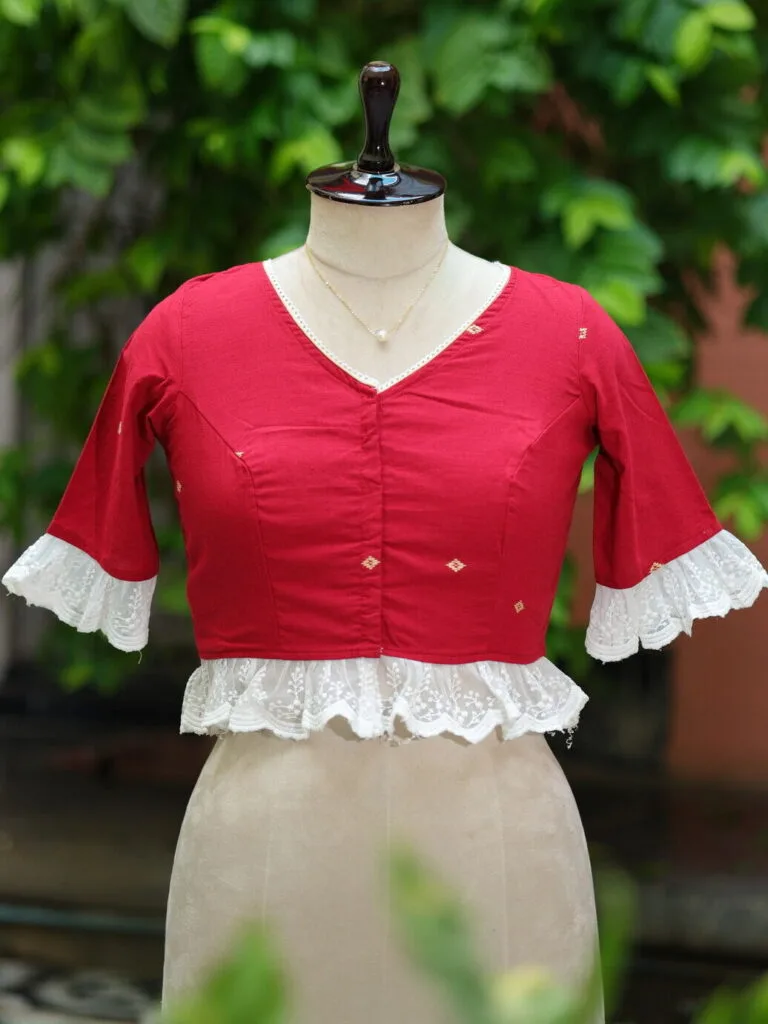 Anupama jamdani – Blouse in Maroon, front view | Tilattama