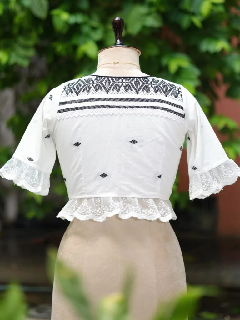 Anupama jamdani – Blouse in white & black, back view | Tilattama