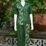 Asymmetrical Jamdani Co-Ord Set – Kurti in Bottle Green 44 half sleeve, sleeve | Tilattama