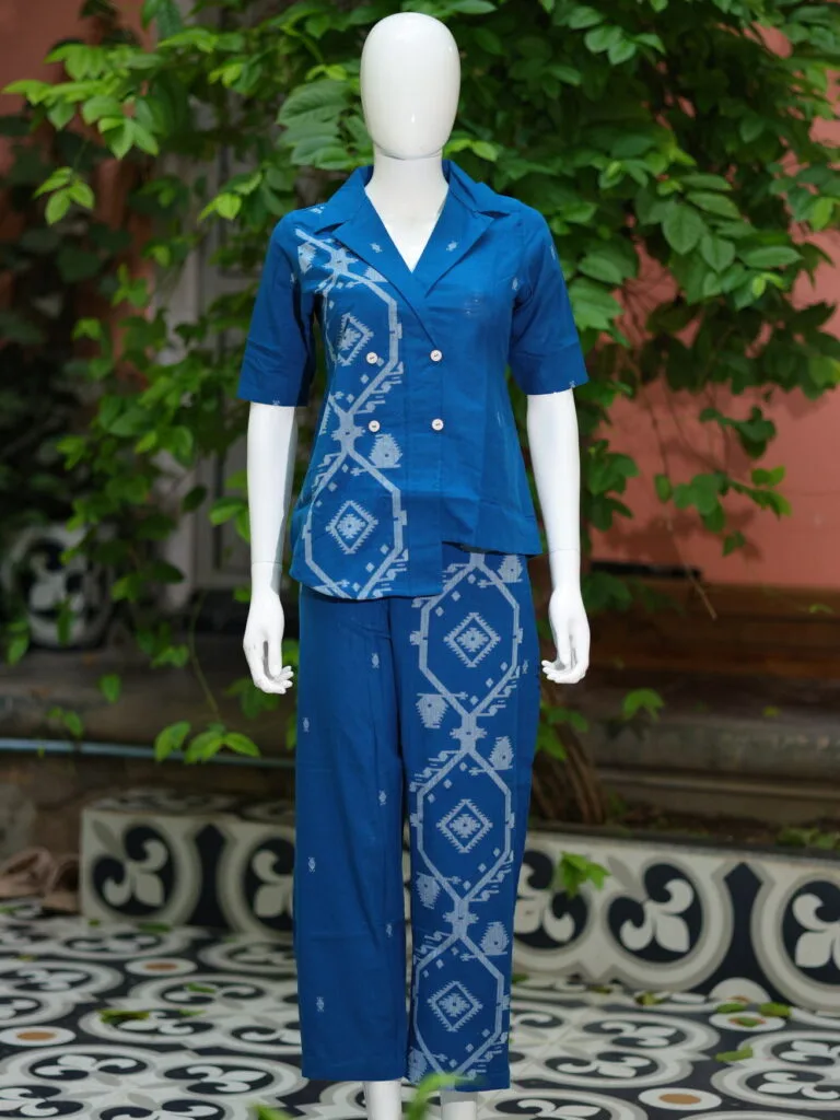 Asymmetrical Jamdani Co-Ord Set – Kurti in Electric Blue 38 half sleeve, sleeve | Tilattama