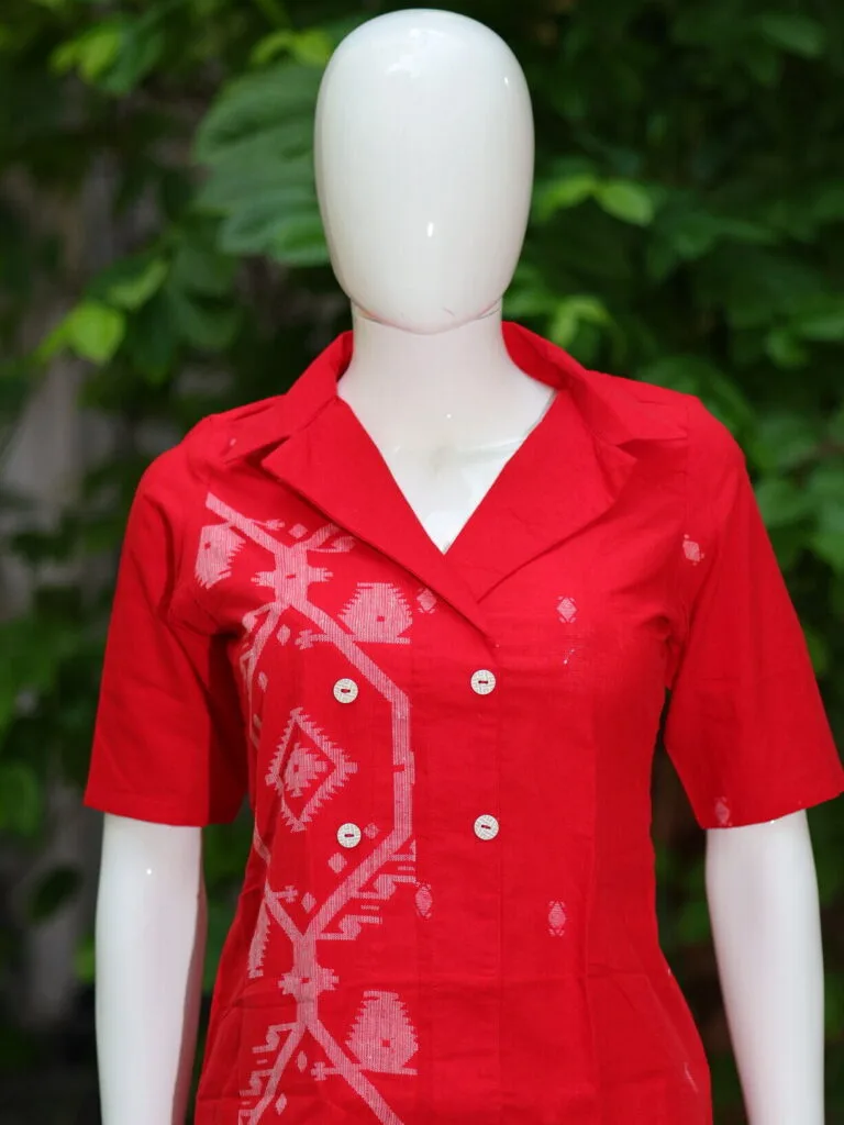 Asymmetrical Jamdani Co-Ord Set – Kurti in Red 38 half sleeve, sleeve | Tilattama