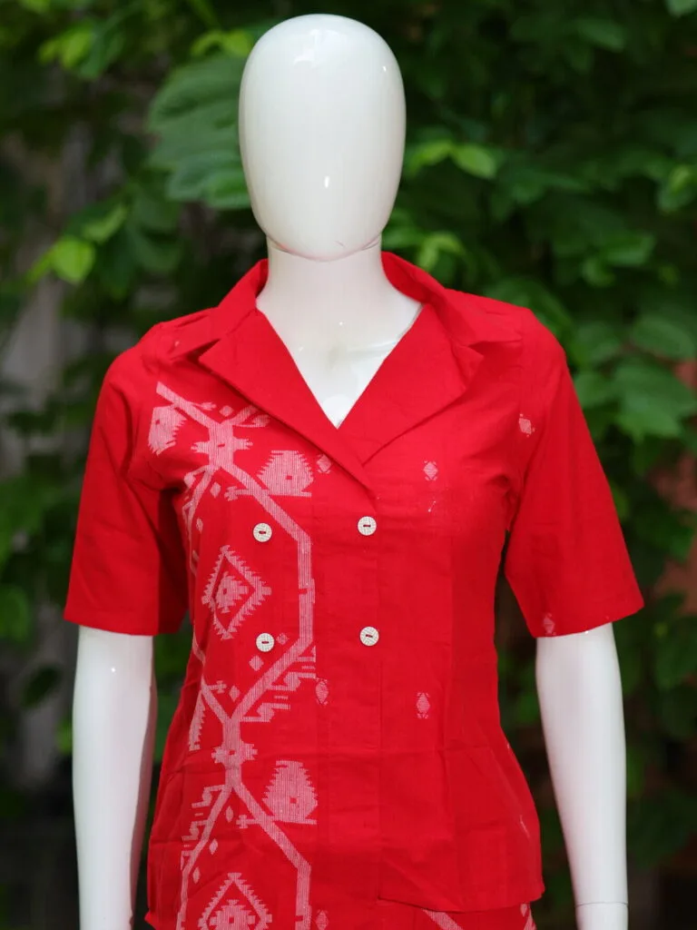 Asymmetrical Jamdani Co-Ord Set – Kurti in Red 44 half sleeve, sleeve | Tilattama
