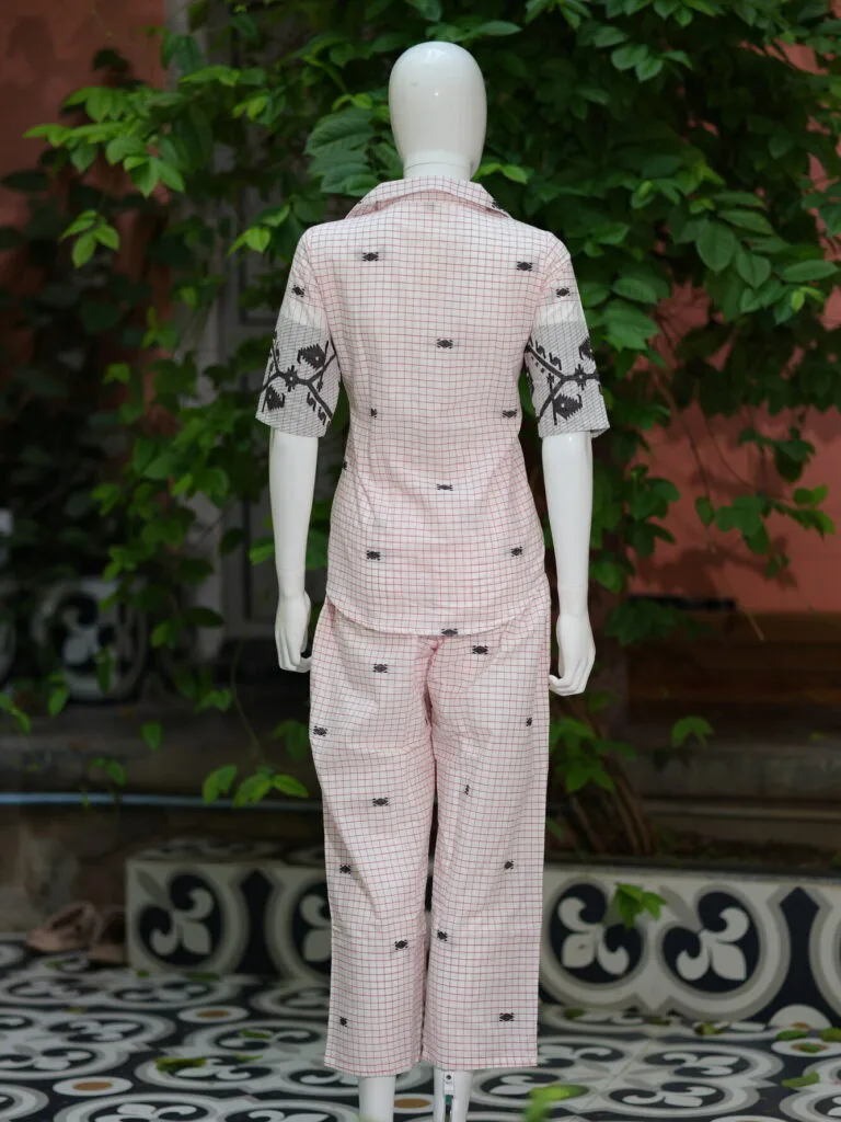 Asymmetrical Jamdani Co-Ord Set – Kurti in white, back view | Tilattama