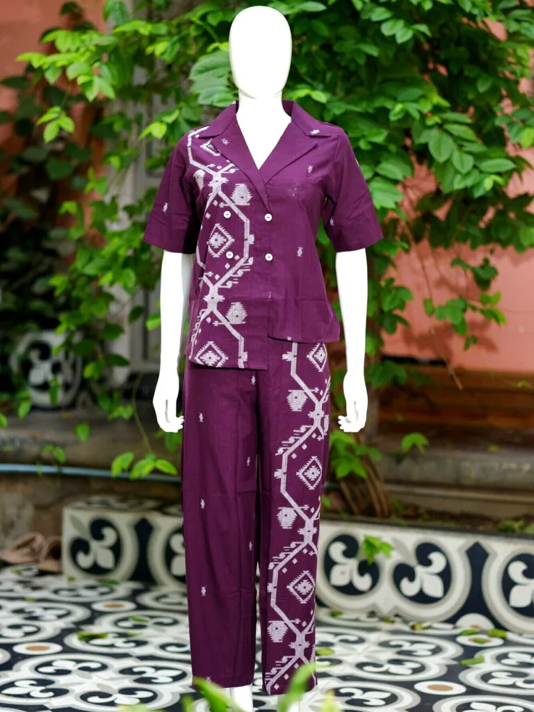 Asymmetrical Jamdani Co-Ord Set – Kurti in Wine 38 half sleeve, sleeve | Tilattama