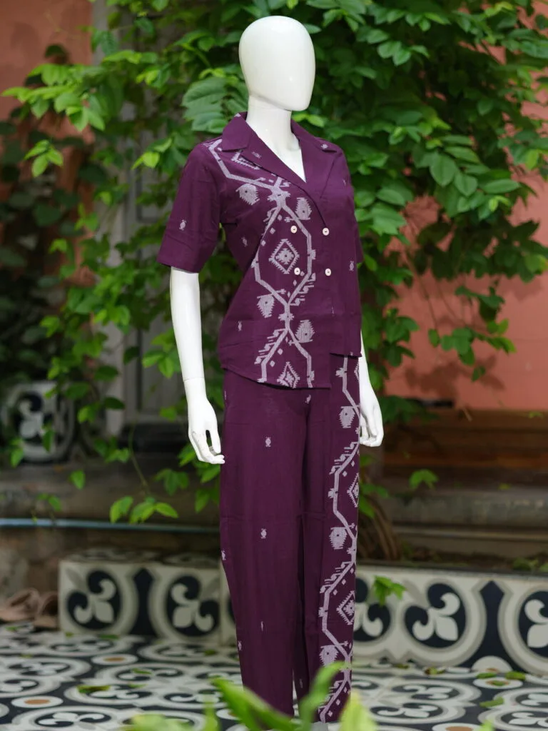 Asymmetrical Jamdani Co-Ord Set – Kurti in Wine 38 half sleeve, sleeve | Tilattama