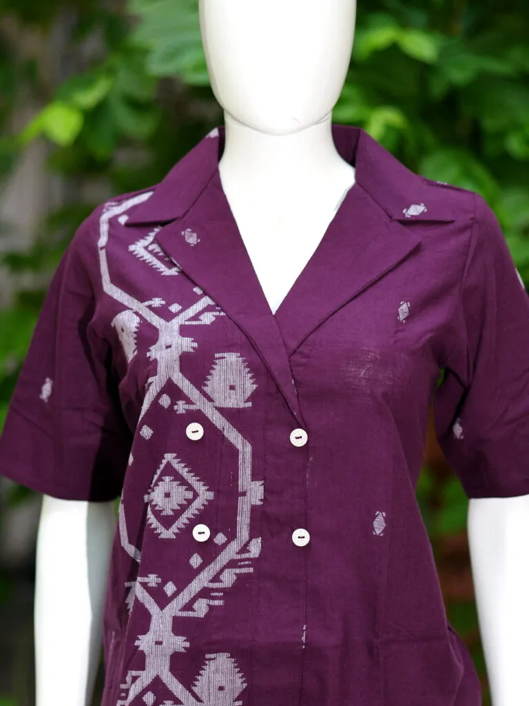 Asymmetrical Jamdani Co-Ord Set – Kurti in Wine 38 half sleeve, sleeve | Tilattama