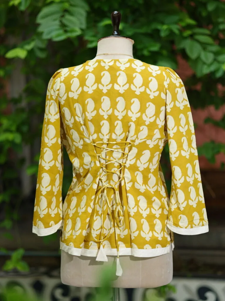 Bagru Bliss – Kurti in Neon Pista, back view | Tilattama