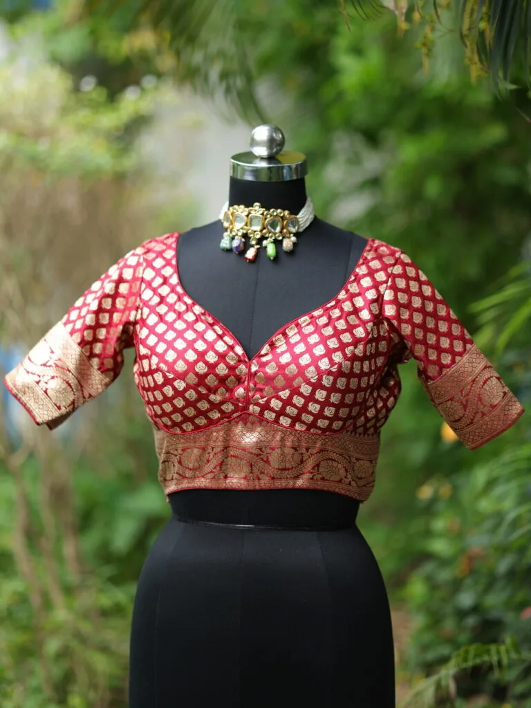 Banarasi Kathan – Blouse in Maroon, front view | Tilattama