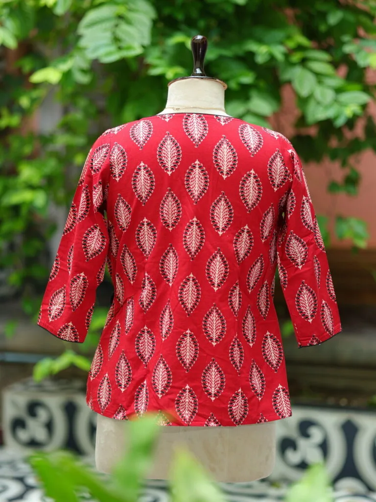Block Angrakha – Kurti in Red & black, back view | Tilattama