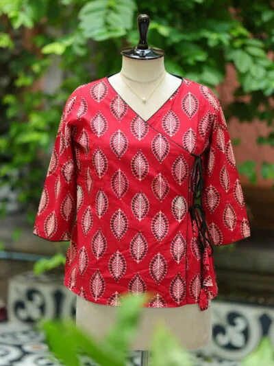 Block Angrakha – Kurti in Red & black, front view | Tilattama