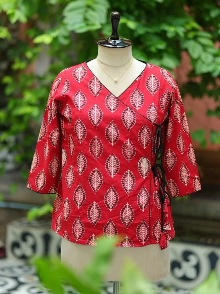 Block Angrakha – Kurti in Red & black, front view | Tilattama