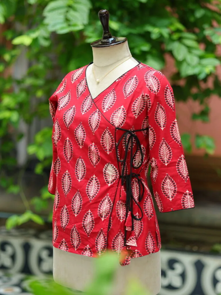 Block Angrakha – Kurti in Red & black, side view | Tilattama