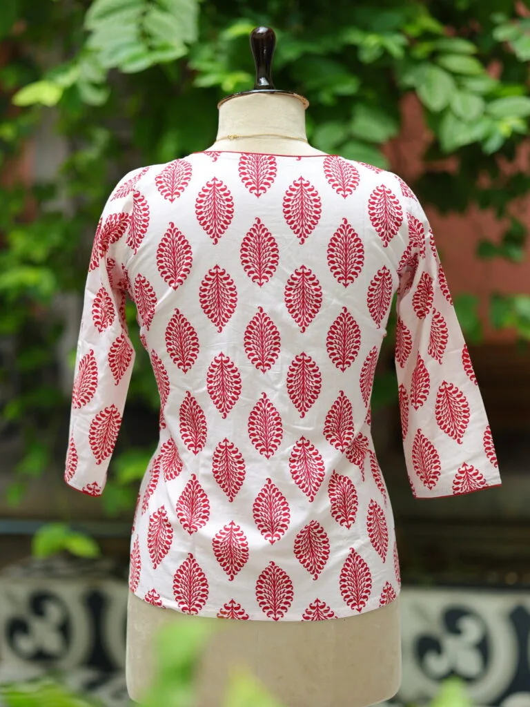 Block Angrakha – Kurti in white & red, back view | Tilattama