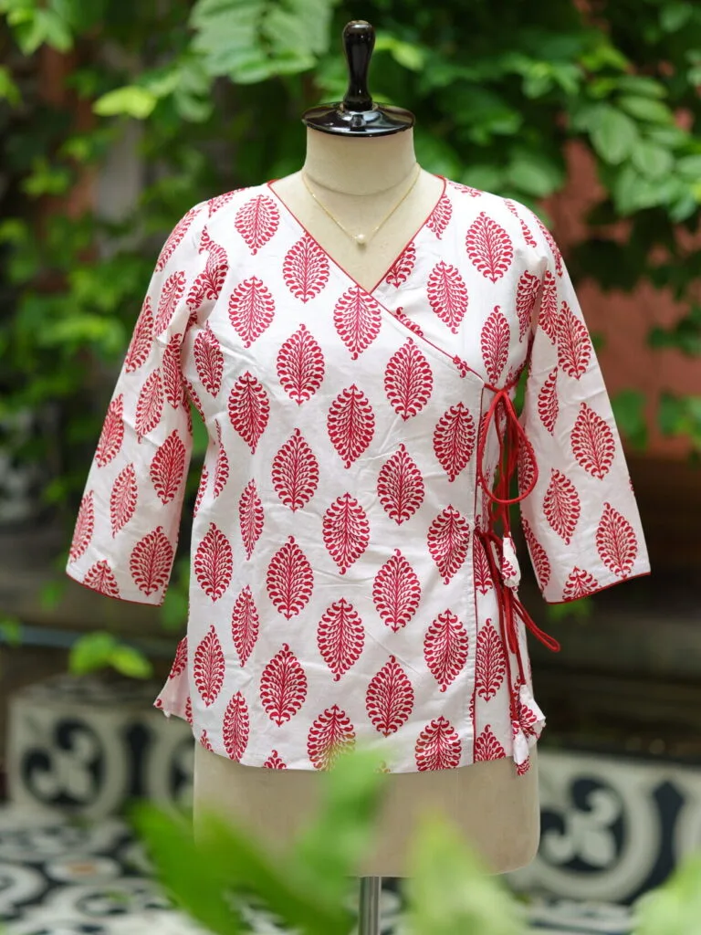 Block Angrakha – Kurti in white & red, front view | Tilattama