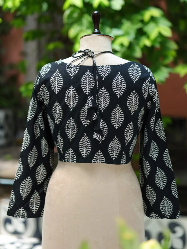 Block Halter – Blouse in Black, back view | Tilattama